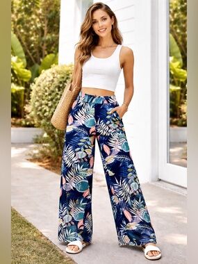 C&C California Tropical Linen Wide Leg Pants